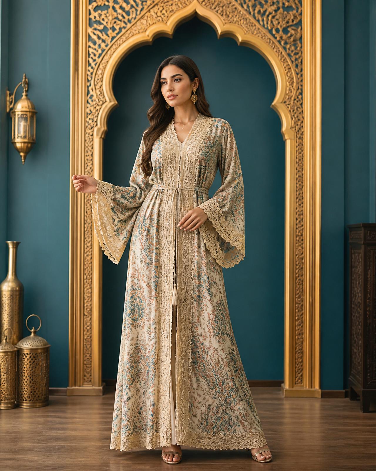 Model wearing a hand-embroidered emerald and gold kaftan at Taj Deira Fashion boutique in Dubai